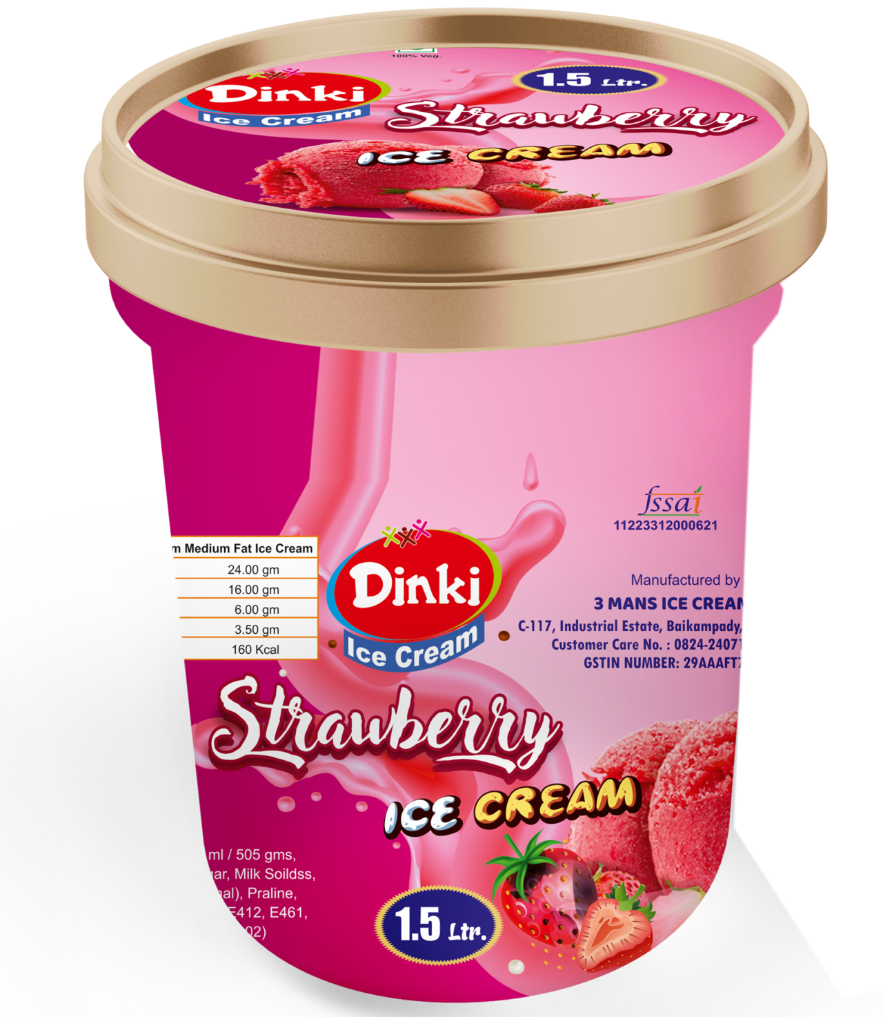 Dinki 1.5 ltr. Strawbary ice cream container